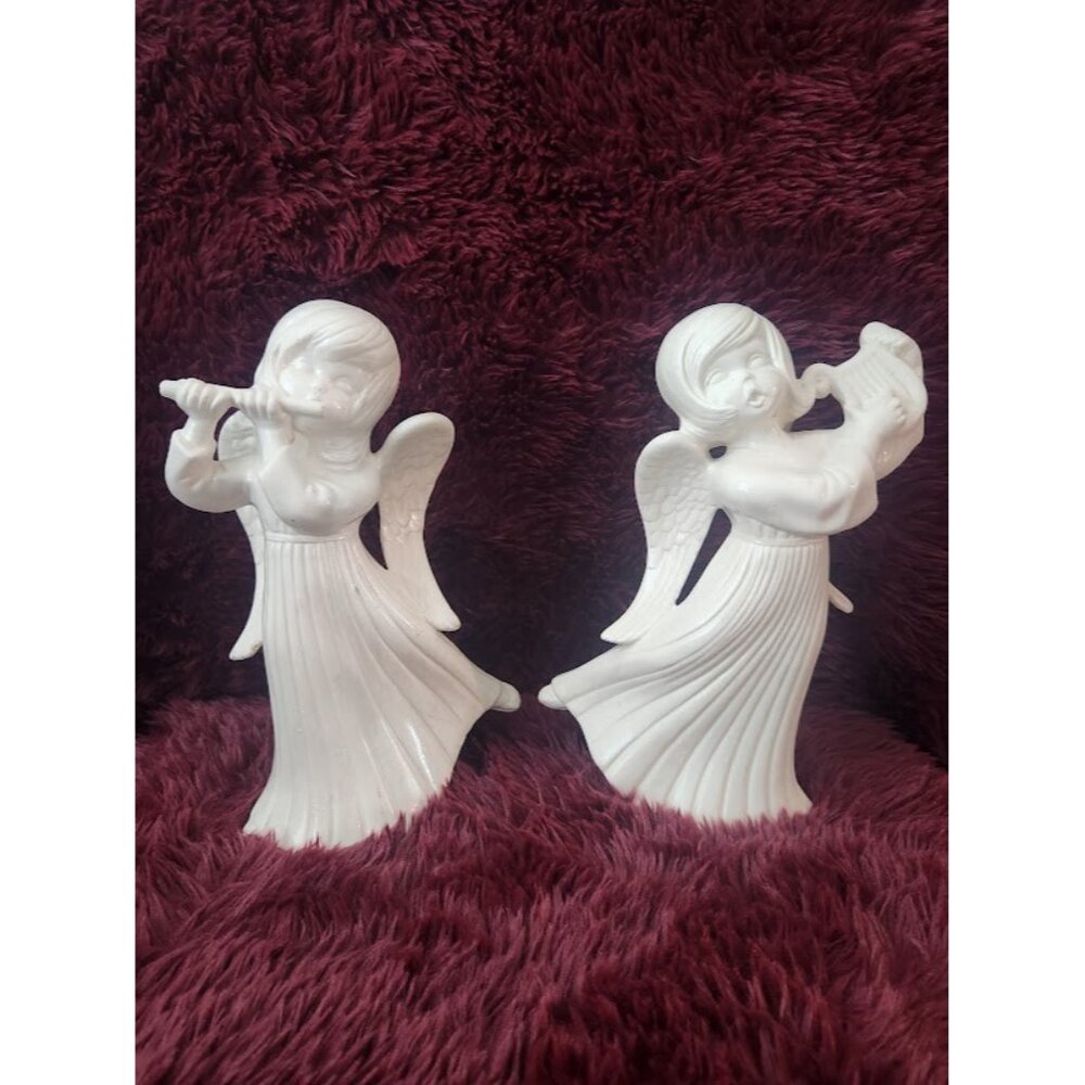 Vtg Pair 12" Tall Ceramic Atlantic Mold Musical Angels Playing Flute and Harp